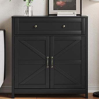 Farmhouse Storage Cabinet 2 Doors Drawer Adjustable Shelf Walnut Tabletop Freestanding