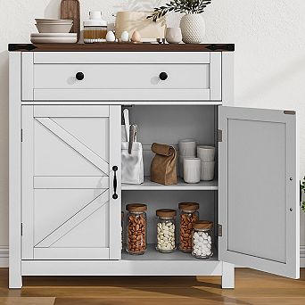 Farmhouse Storage Cabinet 2 Doors Drawer Adjustable Shelf Walnut Tabletop Freestanding