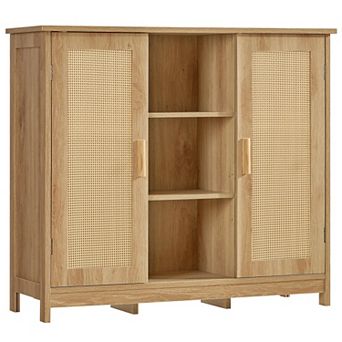 Rattan Storage Cabinet 4 Adjustable Shelves Coffee Bar Sideboard Buffet Kitchen Living Room Entryway