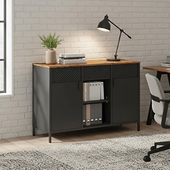 Metal Storage Cabinet 2 Doors Adjustable Shelf Magnetic Closure Ventilated Rustic Brown Black