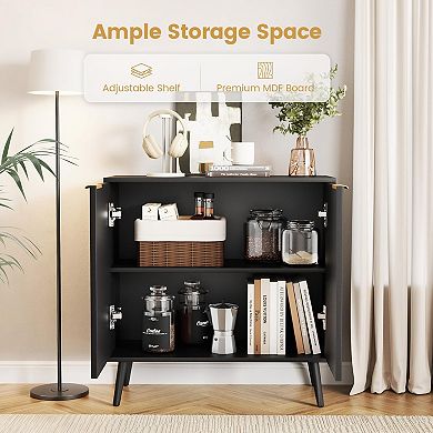Black Fluted Buffet Cabinet Free Standing Sideboard with Storage, Wood Doors, Shelf Modern