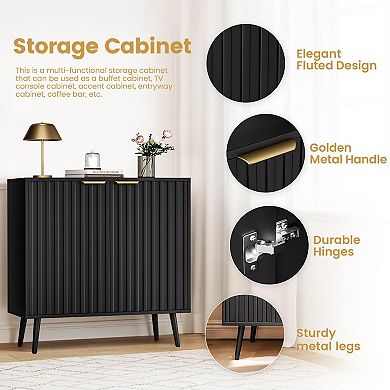 Black Fluted Buffet Cabinet Free Standing Sideboard with Storage, Wood Doors, Shelf Modern