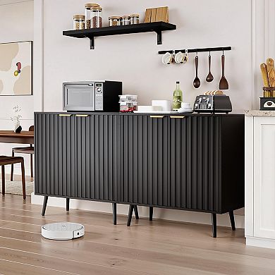 Black Fluted Buffet Cabinet Free Standing Sideboard with Storage, Wood Doors, Shelf Modern
