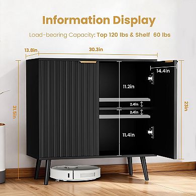Black Fluted Buffet Cabinet Free Standing Sideboard with Storage, Wood Doors, Shelf Modern