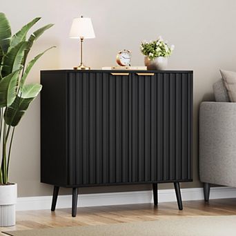 Black Fluted Buffet Cabinet Free Standing Sideboard with Storage, Wood Doors, Shelf Modern