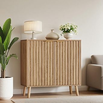 Black Fluted Buffet Cabinet Free Standing Sideboard with Storage, Wood Doors, Shelf Modern