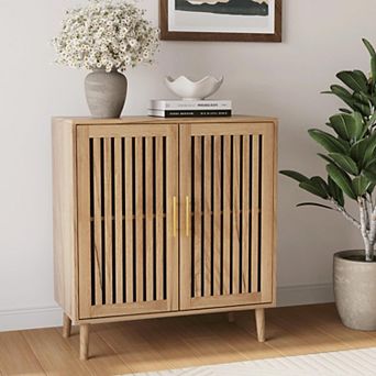 Farmhouse Sideboard Slatted Doors Adjustable Shelf Wood Storage for Kitchen Dining Living Room