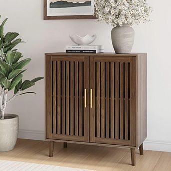 Farmhouse Sideboard Slatted Doors Adjustable Shelf Wood Storage for Kitchen Dining Living Room