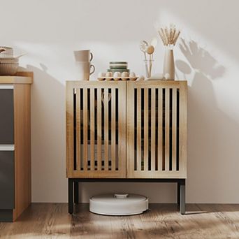 Grille Storage Sideboard with Adjustable Shelf Metal Base Multi-Purpose for Kitchen Living Room