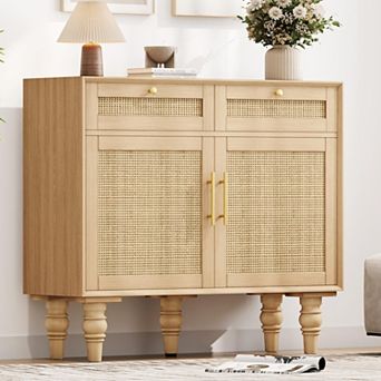 35.4" Rattan Buffet Sideboard with Storage Drawers Adjustable Shelves Boho Style Solid Wood