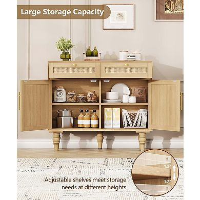 35.4" Rattan Buffet Sideboard with Storage Drawers Adjustable Shelves Boho Style Solid Wood