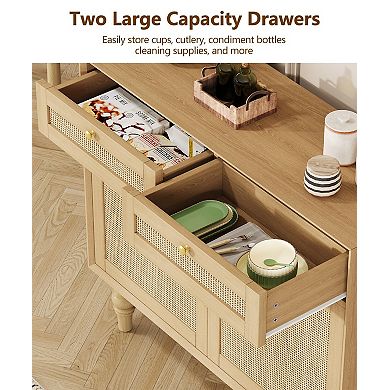 35.4" Rattan Buffet Sideboard with Storage Drawers Adjustable Shelves Boho Style Solid Wood