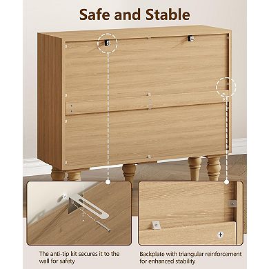 35.4" Rattan Buffet Sideboard with Storage Drawers Adjustable Shelves Boho Style Solid Wood