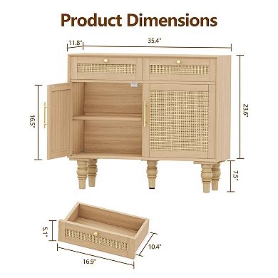 35.4" Rattan Buffet Sideboard with Storage Drawers Adjustable Shelves Boho Style Solid Wood