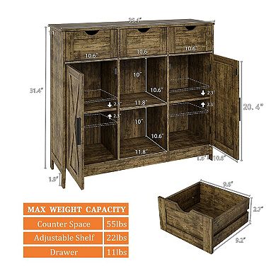 Storage Cabinet Coffee Bar 2 Adjustable Shelves 3 Drawers 2 Doors for Bathroom Kitchen Living Room