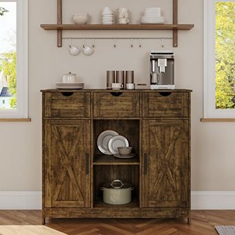 Storage Cabinet Coffee Bar 2 Adjustable Shelves 3 Drawers 2 Doors for Bathroom Kitchen Living Room