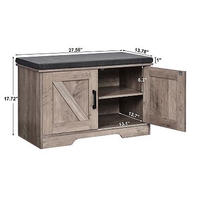 2-Tier Storage Bench Padded Seat Adjustable Shelf Barn Doors Entryway