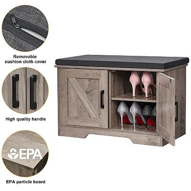 2-Tier Storage Bench Padded Seat Adjustable Shelf Barn Doors Entryway