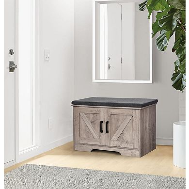 2-Tier Storage Bench Padded Seat Adjustable Shelf Barn Doors Entryway