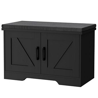 2 tier Storage Bench Padded Seat Adjustable Shelf Barn Doors Entryway