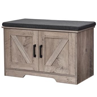 2 tier Storage Bench Padded Seat Adjustable Shelf Barn Doors Entryway