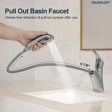 Retractale Single Handle Single Hole Bathroom Faucet with Pull-Out Sprayer Pop‑up Drain Included