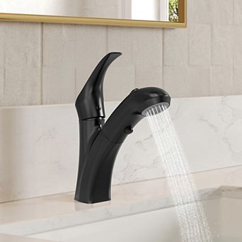 Retractale Single Handle Single Hole Bathroom Faucet with Pull-Out Sprayer Pop‑up Drain Included