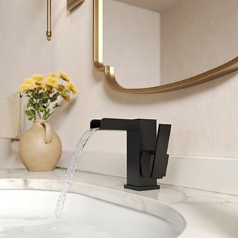 Waterfall Open Spout 1-Handle Single Hole Bathroom Sink Faucet Pop-Up Drain Included