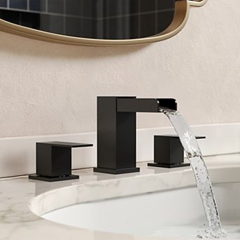 3-Hole Waterfall Sink Faucet Open Spout 8" Widespread 2-Handle Bathroom Faucet Pop-Up Drain Included