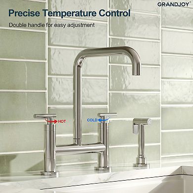 GRANDJOY 2-Handle Deck Mount 8-In Kitchen Faucet 2-Hole Bridge Kitchen Sink Faucet with Side Sprayer