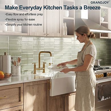 GRANDJOY 2-Handle Deck Mount 8-In Kitchen Faucet 2-Hole Bridge Kitchen Sink Faucet with Side Sprayer