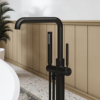 Floor Mounted Tub Filler Freestanding Tub Faucet with Hand Shower Integrated Rock-Solid Anchored