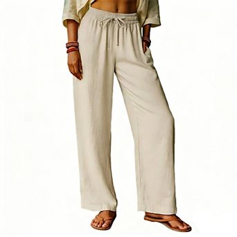 Women’s Elastic Waist Casual Wide Leg Pants, Drawstring Loose Straight Trousers with Pockets