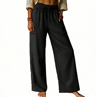 Women’s Elastic Waist Casual Wide Leg Pants, Drawstring Loose Straight Trousers with Pockets