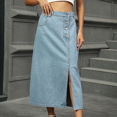 Womens High Waisted Denim Midi Skirt Button Front Split Hem A Line Jean Skirt