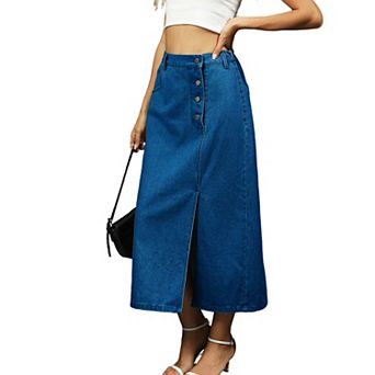 Womens High Waisted Denim Midi Skirt Button Front Split Hem A Line Jean Skirt