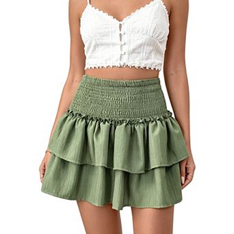 Womens High Waisted Smocked Tiered Ruffle Mini Skirt Casual Layered Flowy Skirt