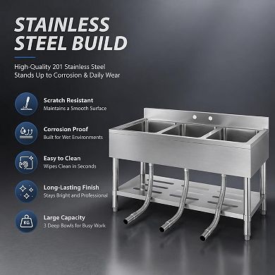 39 x 19 x 33 Inch Freestanding Stainless Steel Utility Sink
