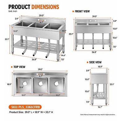 39 x 19 x 33 Inch Freestanding Stainless Steel Utility Sink