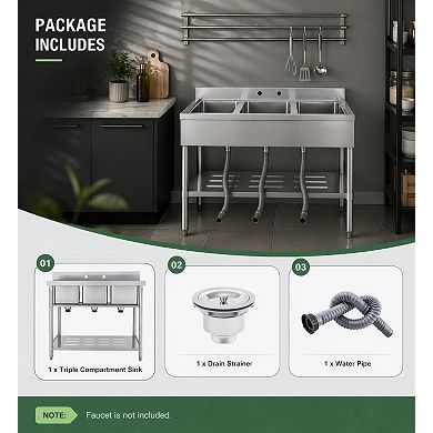 39 x 19 x 33 Inch Freestanding Stainless Steel Utility Sink