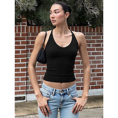 Women's Ribbed Halter Crop Tank Top, Sleeveless Casual Top