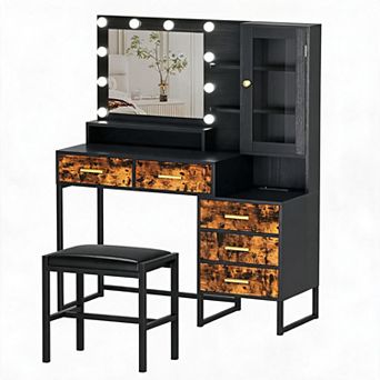 Modern Lighted Vanity Table Set with Stool, Charging Station Storage Dresser Desk for Home Use