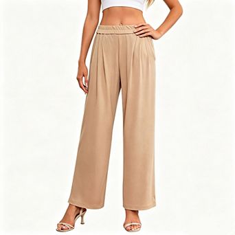 Women's High Waist Knit Pants, Elastic Pleated Loose Straight Leg Casual Trousers with Pockets