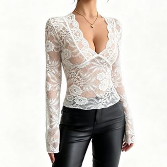 Women's Sheer Lace Long Sleeve Blouse, Deep V Neck Floral Slim Fit Cropped Layer Top
