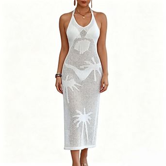 Women's Casual Knit Beach Cover‑Up, Halter Tie Back Hollow Out Floral Side Slit Midi Swimwear Dress