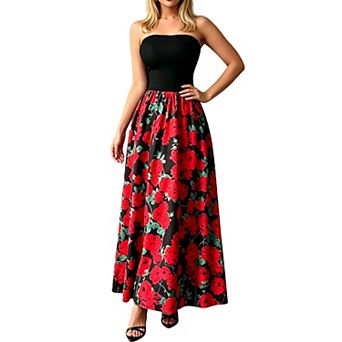 Women Strapless Floral Print Maxi Dress with Contrast Bodice Summer Casual Elegant Dress