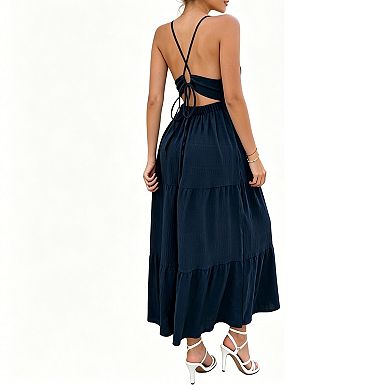 Women's Halter Neck Tiered Maxi Dress, wrap Backless Tie-Back Summer Dress