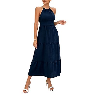 Women's Halter Neck Tiered Maxi Dress, wrap Backless Tie-Back Summer Dress