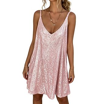 Women's Sequin V-Neck Swing Mini Dress, Spaghetti Strap Cocktail Party Dress