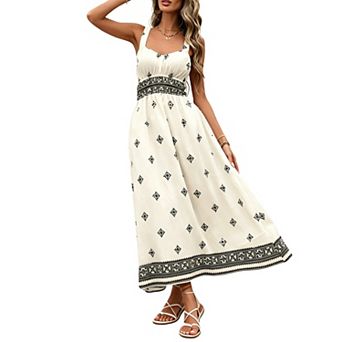Women's Boho Embroidered Maxi Dress, Square Neck Sleeveless Summer Sundress